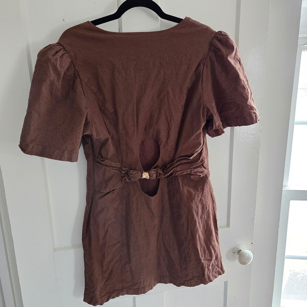 Maeve Anthropologie Brown‎ Linen Puff Sleeve Cutout Back Mini Dress, Size Large - Picture 6 of 14